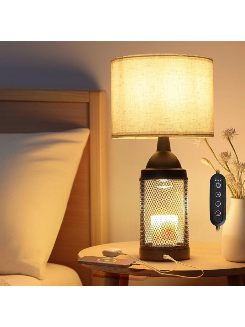 Stylish Black 2-in-1 Table Lamp & Candle Warmer, Dimmable, USB Ports, Gift Idea